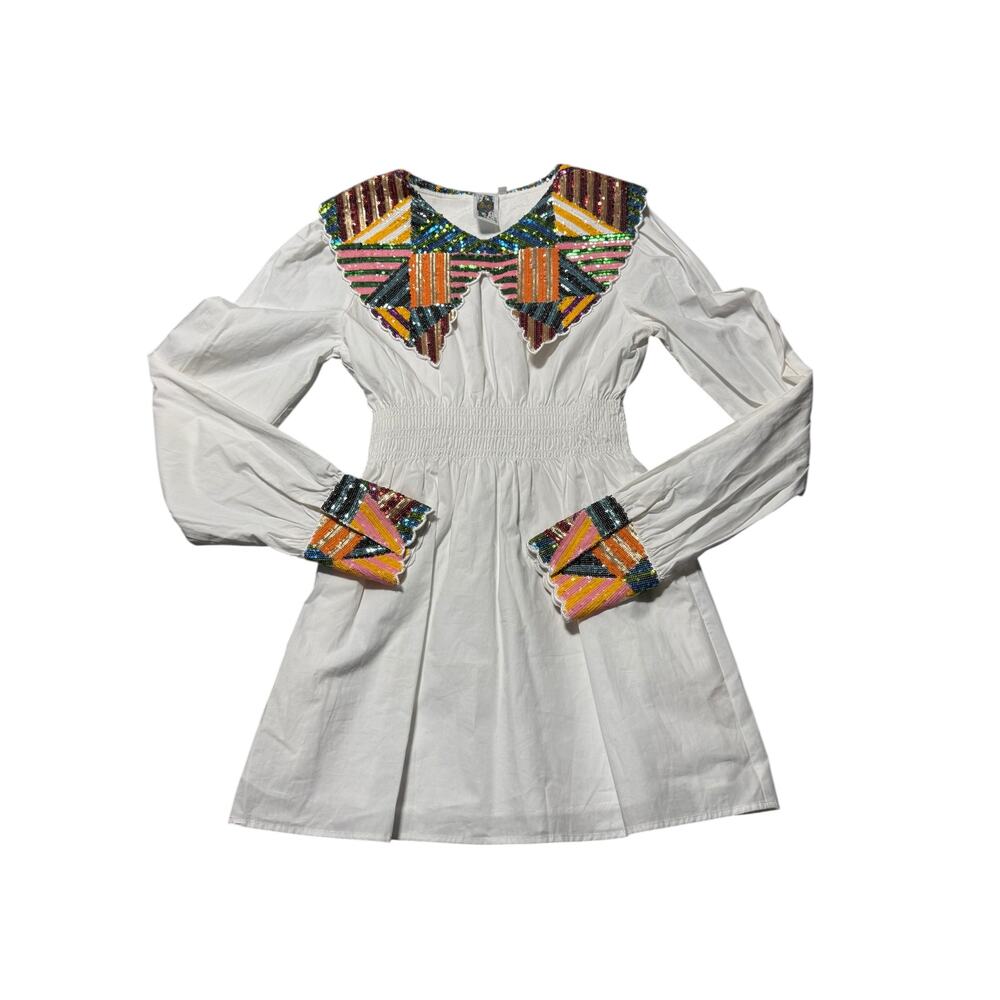 Queen of Sparkles Mini Dress Womens S White Sequin Wide Collar Smocked Waist - Picture 4 of 16